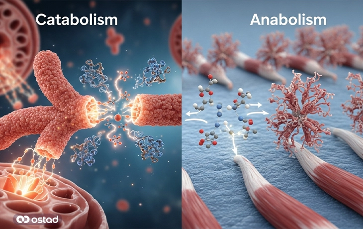 تصویر آموزشی و واقعی از متابولیسم بدن، مقایسه فرآیند کاتابولیسم و آنابولیسم