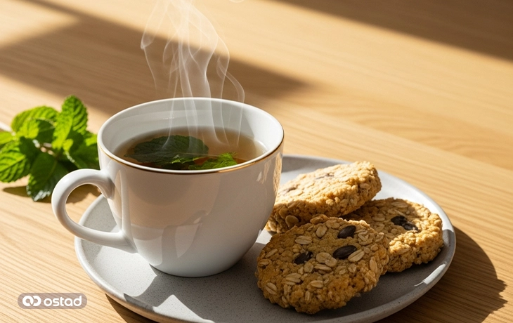 چای گیاهی ملایم با بیسکویت سبوس‌دار بدون گلوتن