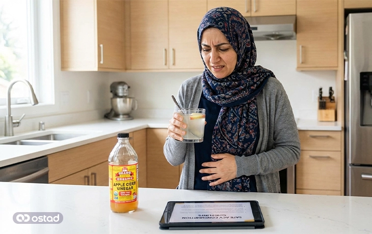 عکس زنی که تجربه‌ی مصرف ناصحیح سرکه سیب ناشتا را دارد و دچار سوزش معده شده است.