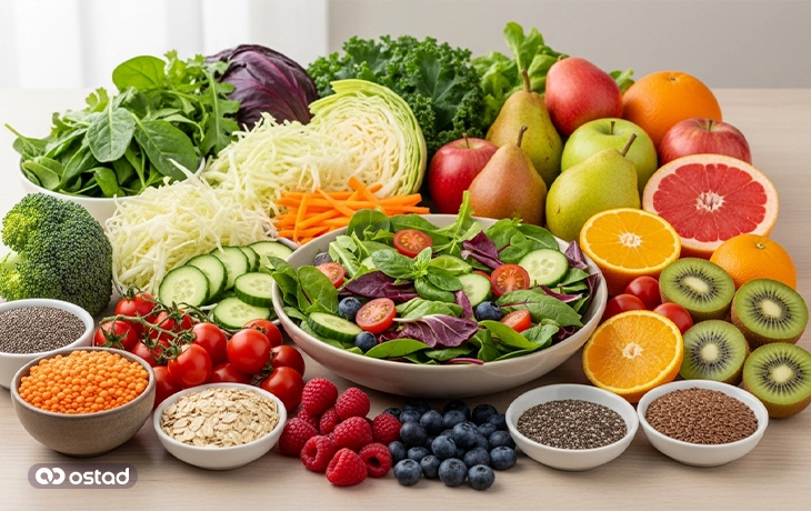 تصویر میوه‌ها، سبزیجات و فیبر مفید برای PCOS