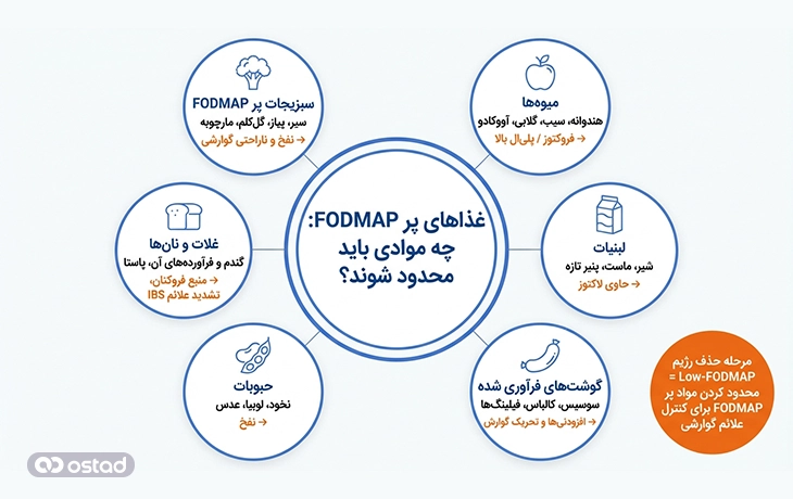 اینفوگرافی دسته‌بندی غذا‌های پر FODMAP که باید محدود شوند