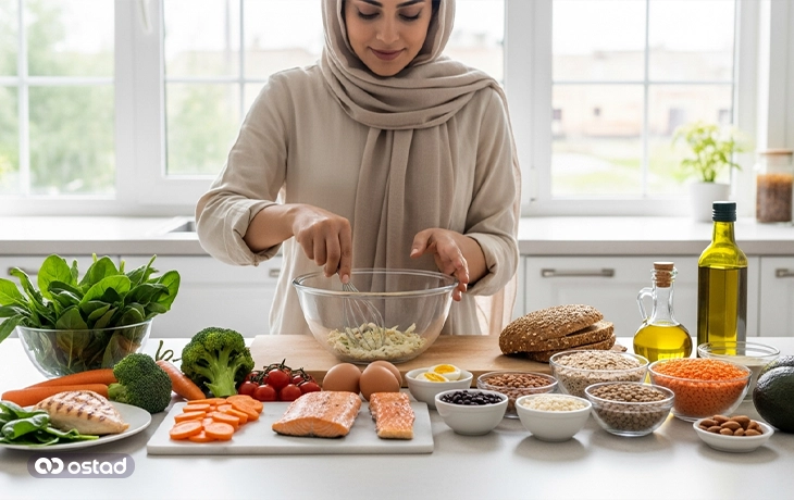 عکس یک زن در حال درست کردن غذای رژیمی برای مدیریت وزن و کاهش علائم PCOS