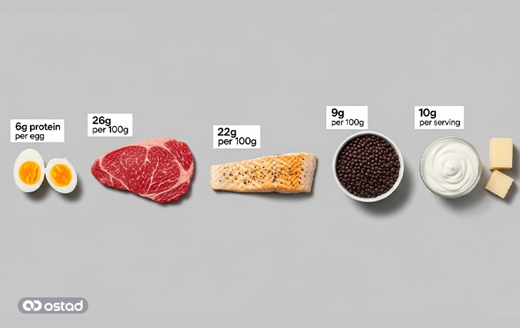 میزان پروتئین مووجود در برخی مواد غذایی