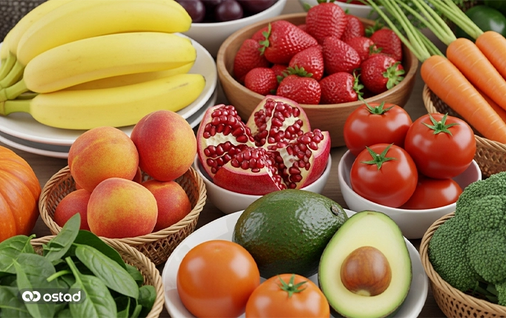 میزی از میوه‌ها و خوراکی‌های موثر در شادابی و پر شدن صورت