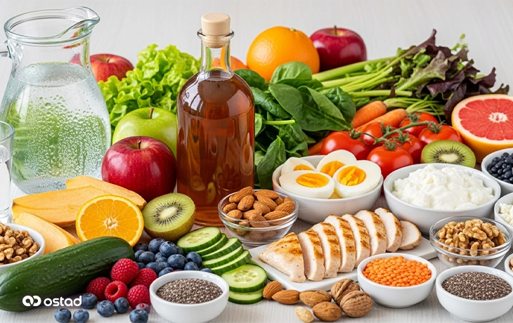 میزی از مواد غذایی مناسب برای لاغری صورت