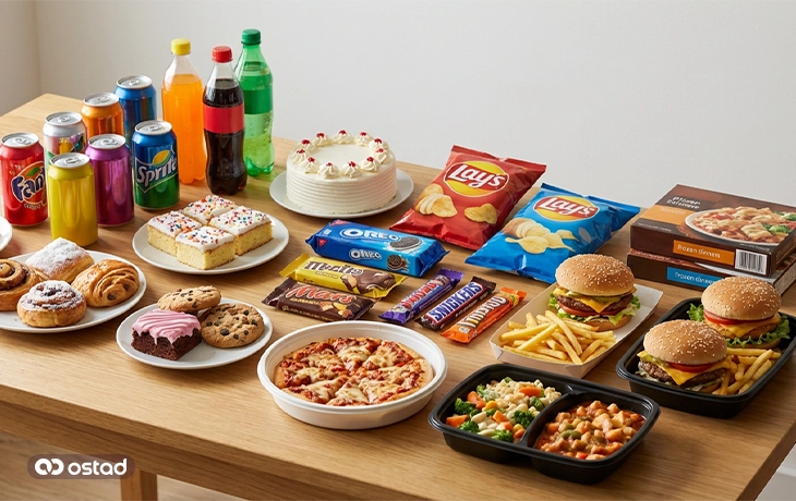 میز مواد غذایی قندی و غذاهای فرآوری شده