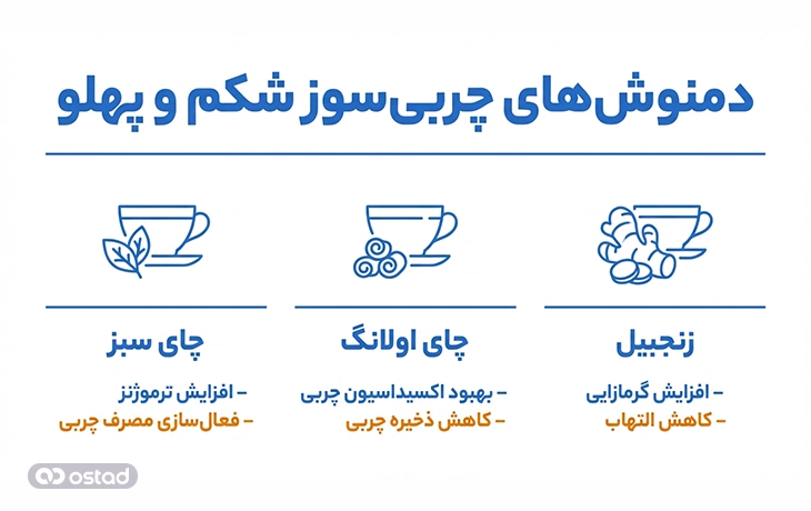 اینفوگرافی بهترین دمنوش‌های لاغری برای چربی‌سوزی شکم و پهلو