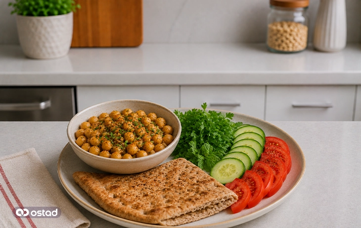 نخود و سبزیجات با نان سبوس‌دار