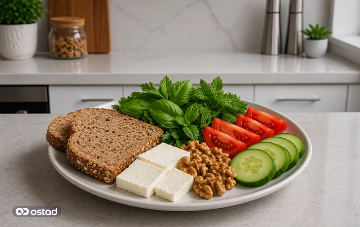 پنیر کم‌چرب، گردو و نان سبوس‌دار