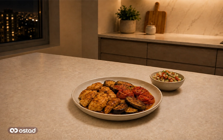 خوراک بادمجان و گوجه با مرغ